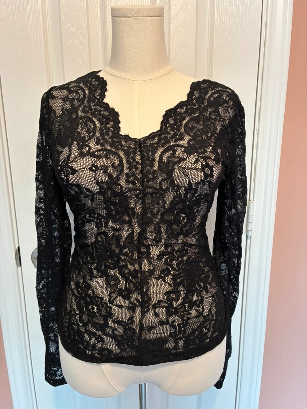 Y2K Black Sheer Lace Top Whimsygoth Vampy Goth Soft Long Sleeve V Neck Medium